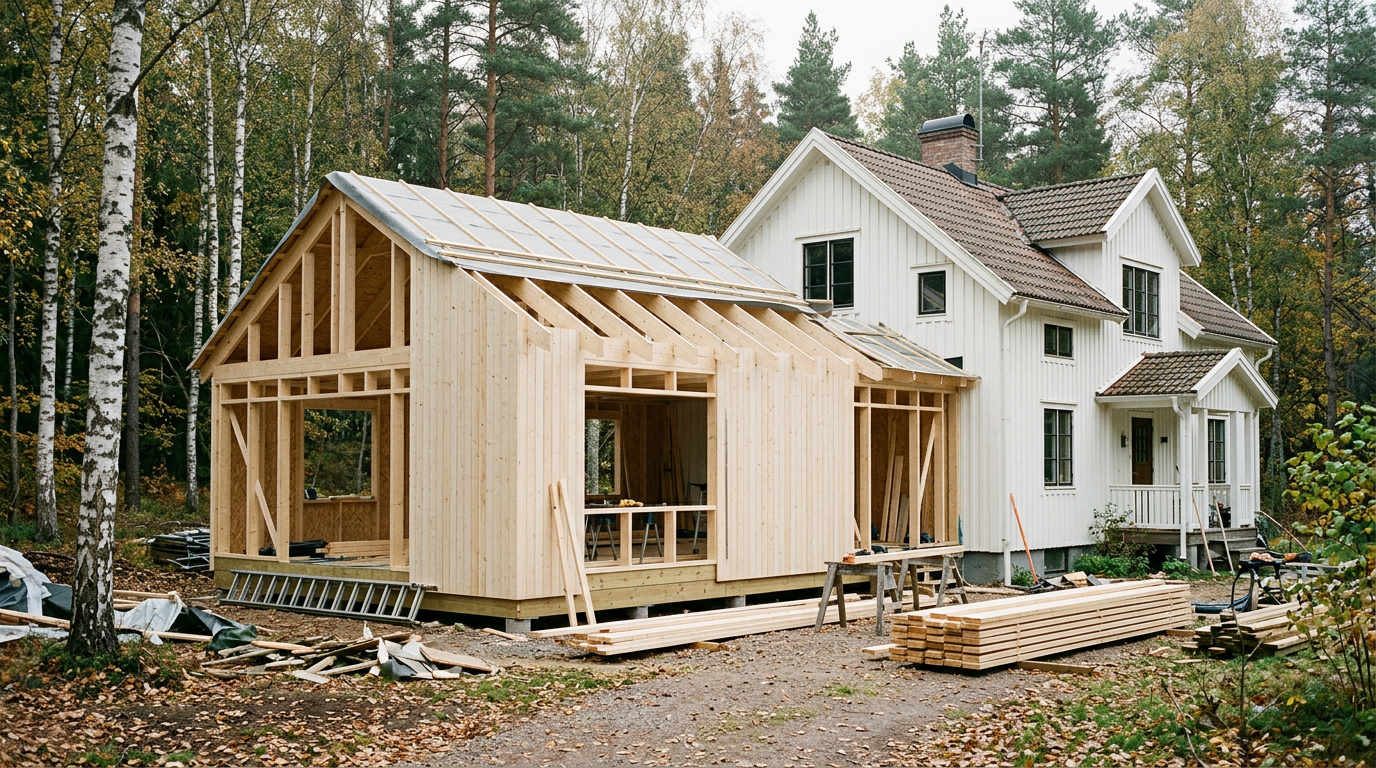 Tillbyggnad i trä under uppförande på en vitmålad villa